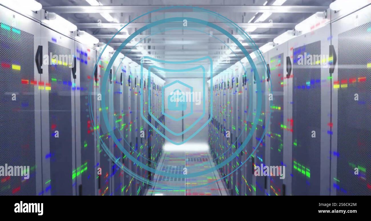 Image of cyber security text with digital data processing over computer servers Stock Photo