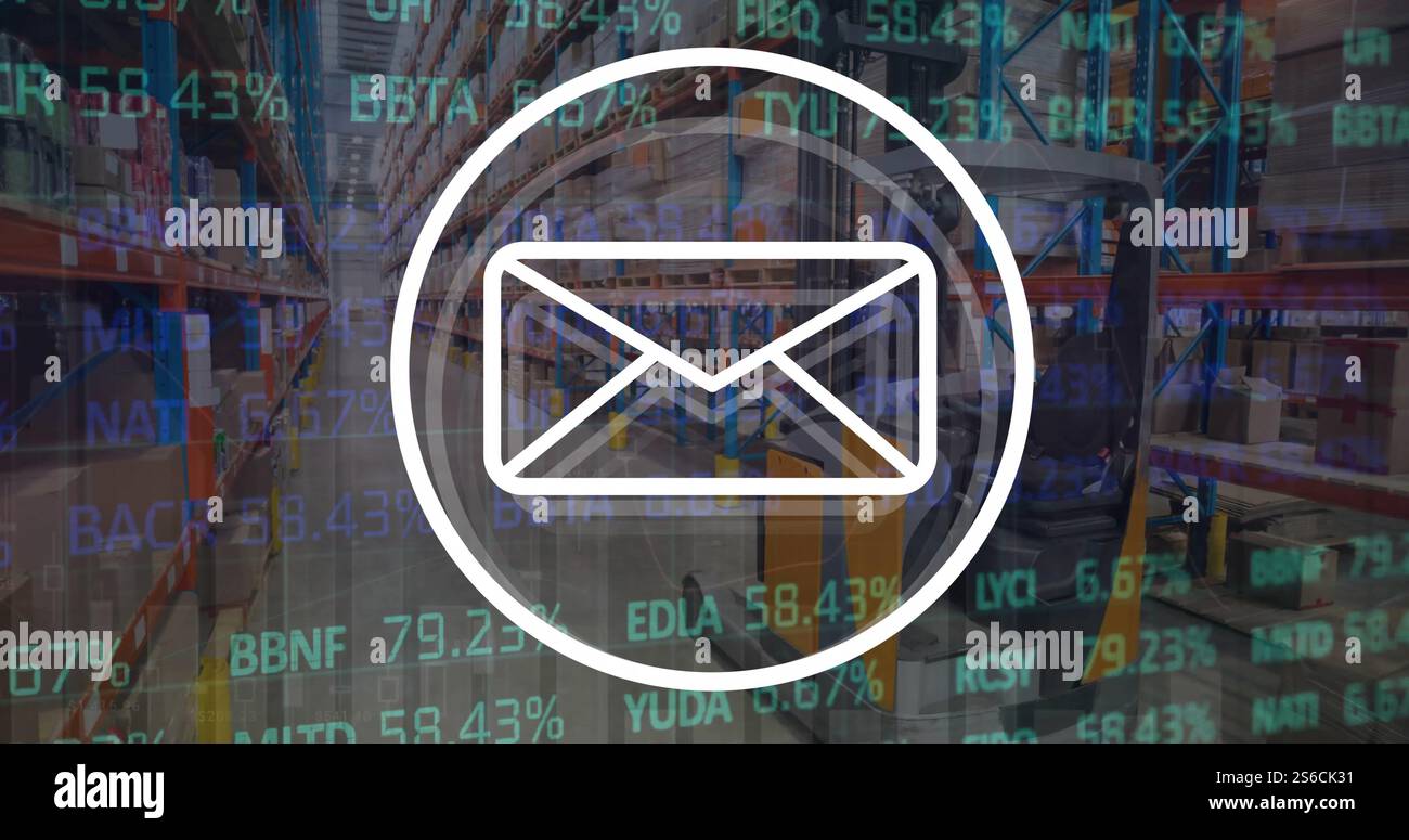 Image of email icon and financial data processing over warehouse Stock Photo