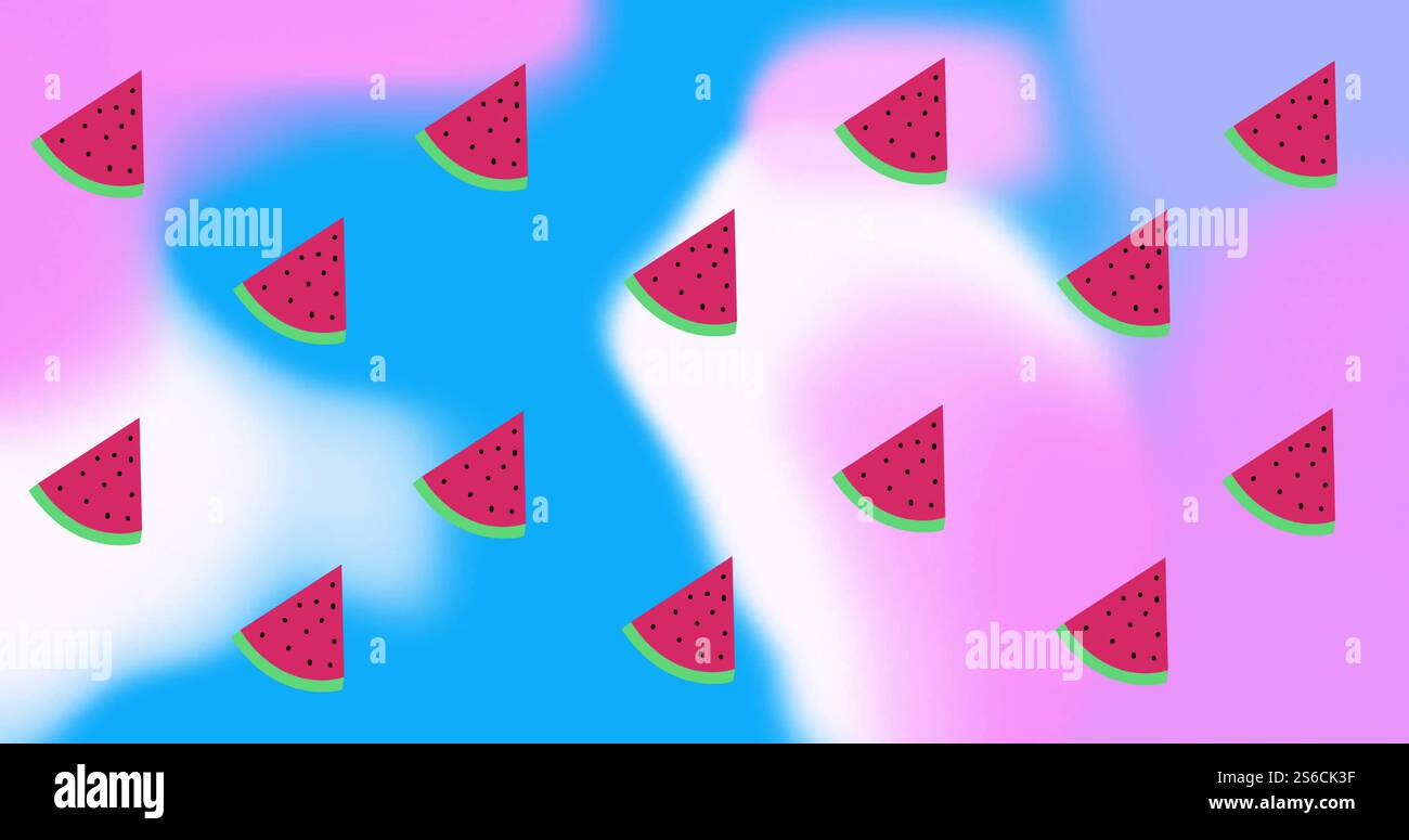 Image of moving watermelons over blue and white shapes Stock Photo - Alamy