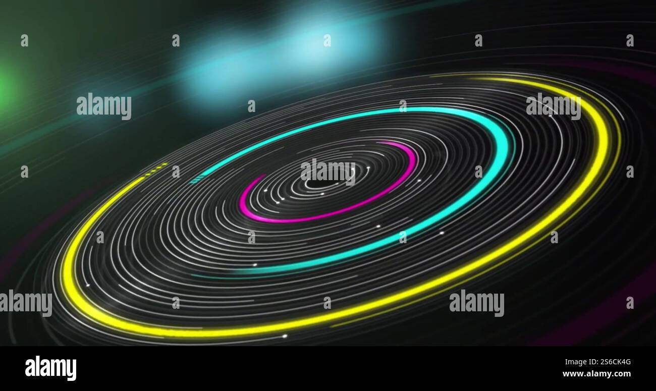 Image of glowing circles of light spinning on dark background Stock ...