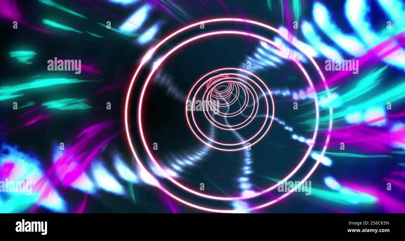 Image of glowing trails of light and neon tunnel moving on black ...