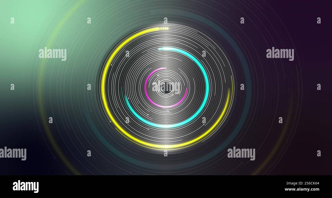 Image of glowing circles of light spinning on black background Stock ...