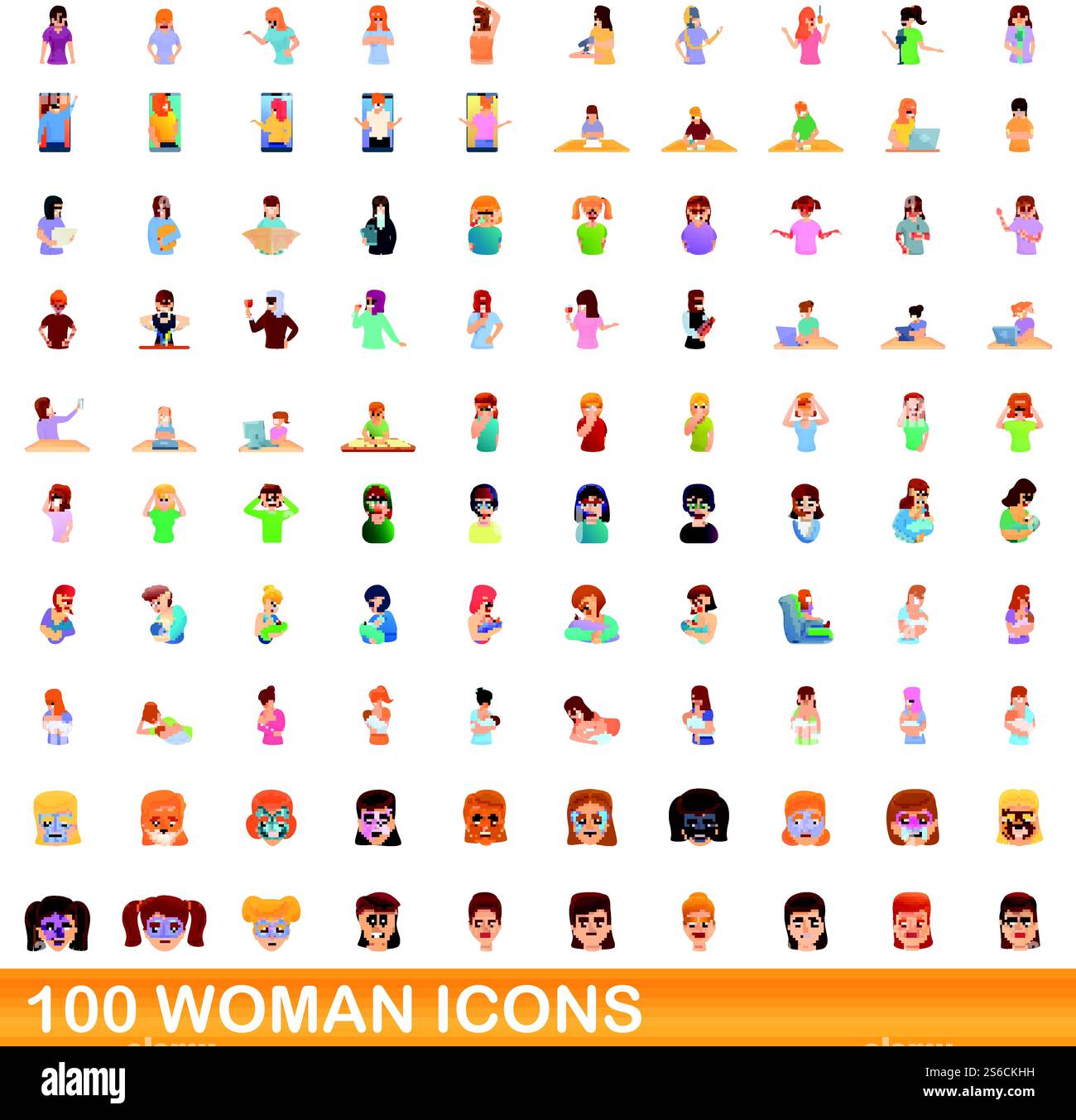 100 woman icons set. Cartoon illustration of 100 woman icons vector set ...