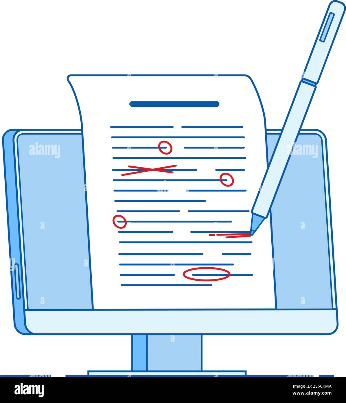 Write edit text concept. Writing editing documents, correct proofreading text essay services vector line concept. Illustration of grammar proofread, edit document. Write edit text concept. Writing editing documents, correct proofreading text essay services vector line concept Stock Vector