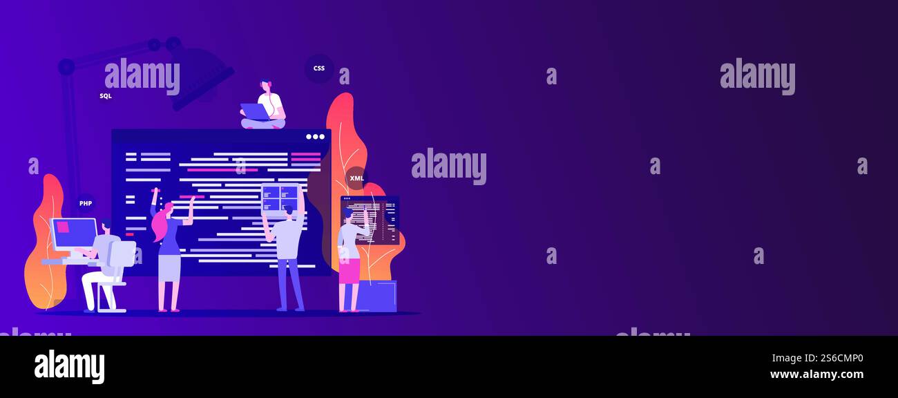Web site development. Designers and programers create corporate site - empty space vector concept. Illustration of development programming, web designer create page. Web site development. Designers and programers create corporate site - empty space vector concept Stock Vector