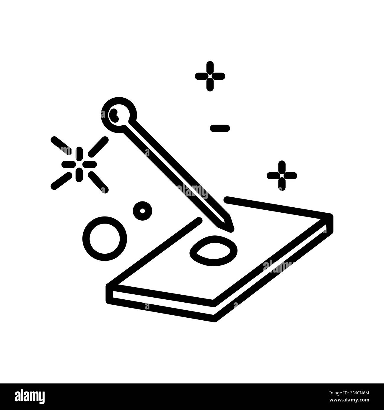 Blood sample on glass slide, laboratory analysis of human plasma isolated line icon vector. Medical research, medicine and healthcare, analysis. Clinical lab examination, diagnostics equipment, needle. Clinic lab research, blood sample test and analysis isolated line icon Stock Vector
