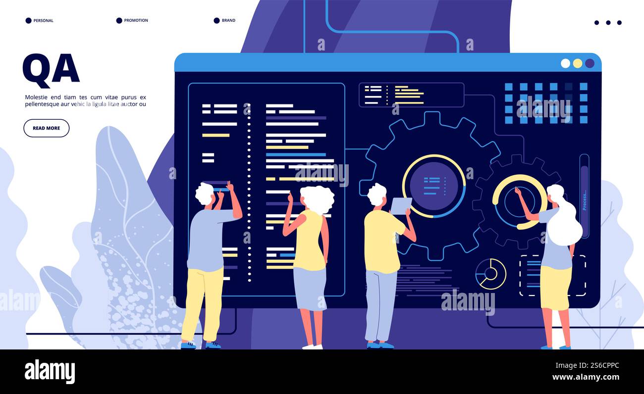 QA landing page. Testing quality assurance in software prototype. People fixing program code bugs in device. Vector concept qa and development fixing bug, software program code illustration. QA landing page. Testing quality assurance in software prototype. People fixing program code bugs in device. Vector concept Stock Vector