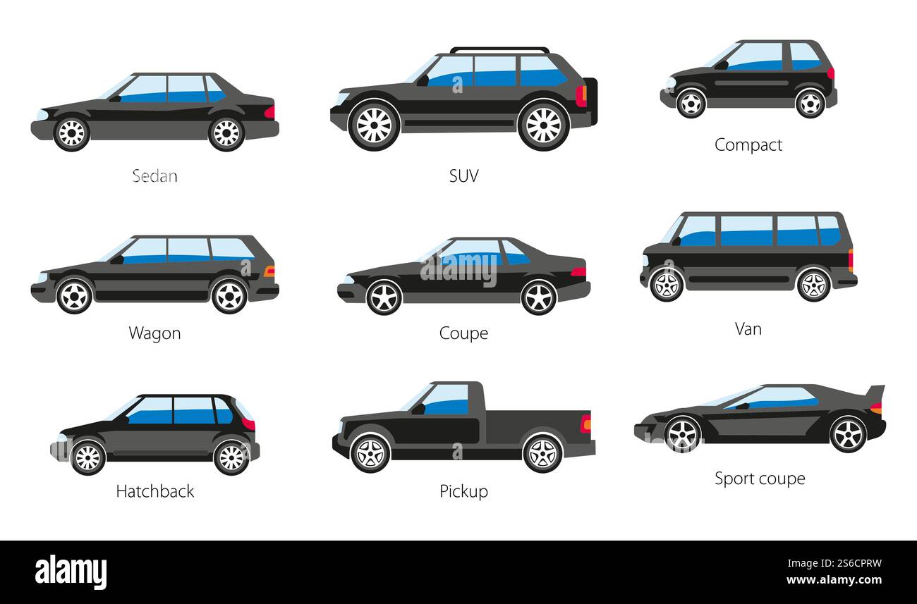 Car body types isolated icons, vehicle carcass shape vector. Sedan and SUV, compact and wagon, coupe and van, hatchback and pickup, sport. Transport model names and automobile capacity kinds. Vehicle body types, car carcass shape and model names isolated icons Stock Vector
