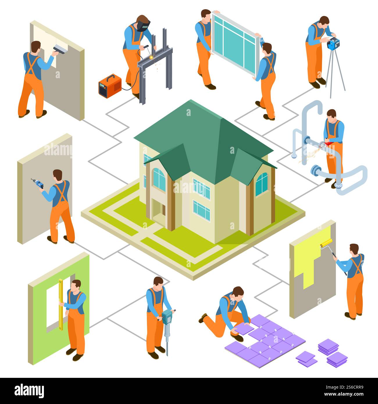 Construction, reconstruction and repair of the house isometric vector ...