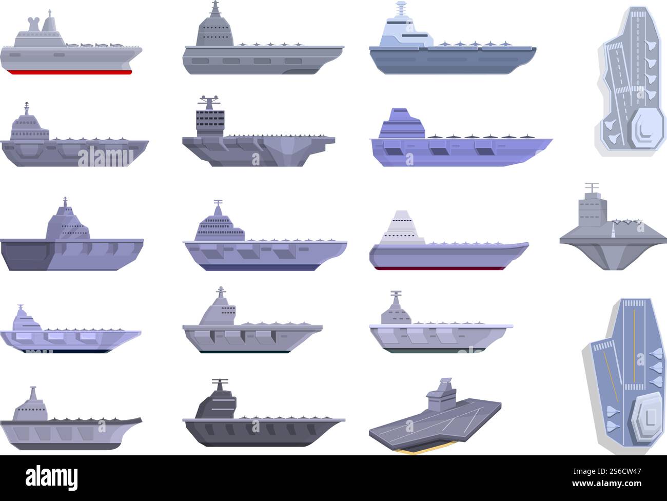 Aircraft carrier icons set. Cartoon set of aircraft carrier vector icons for web design. Aircraft carrier icons set, cartoon style Stock Vector