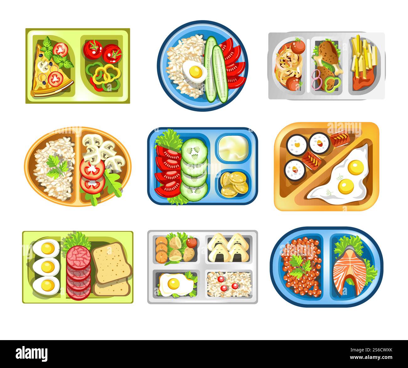 Lunch on tray, healthy food, school snack isolated icons vector. Pizza ...