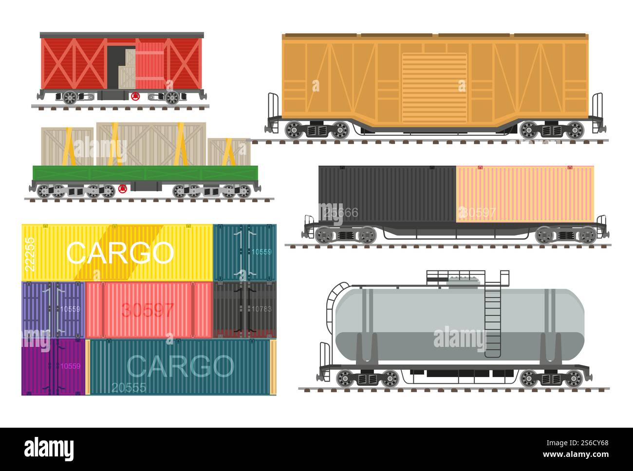 Freight train wagons, tank or cistern, railway transport isolated icons ...
