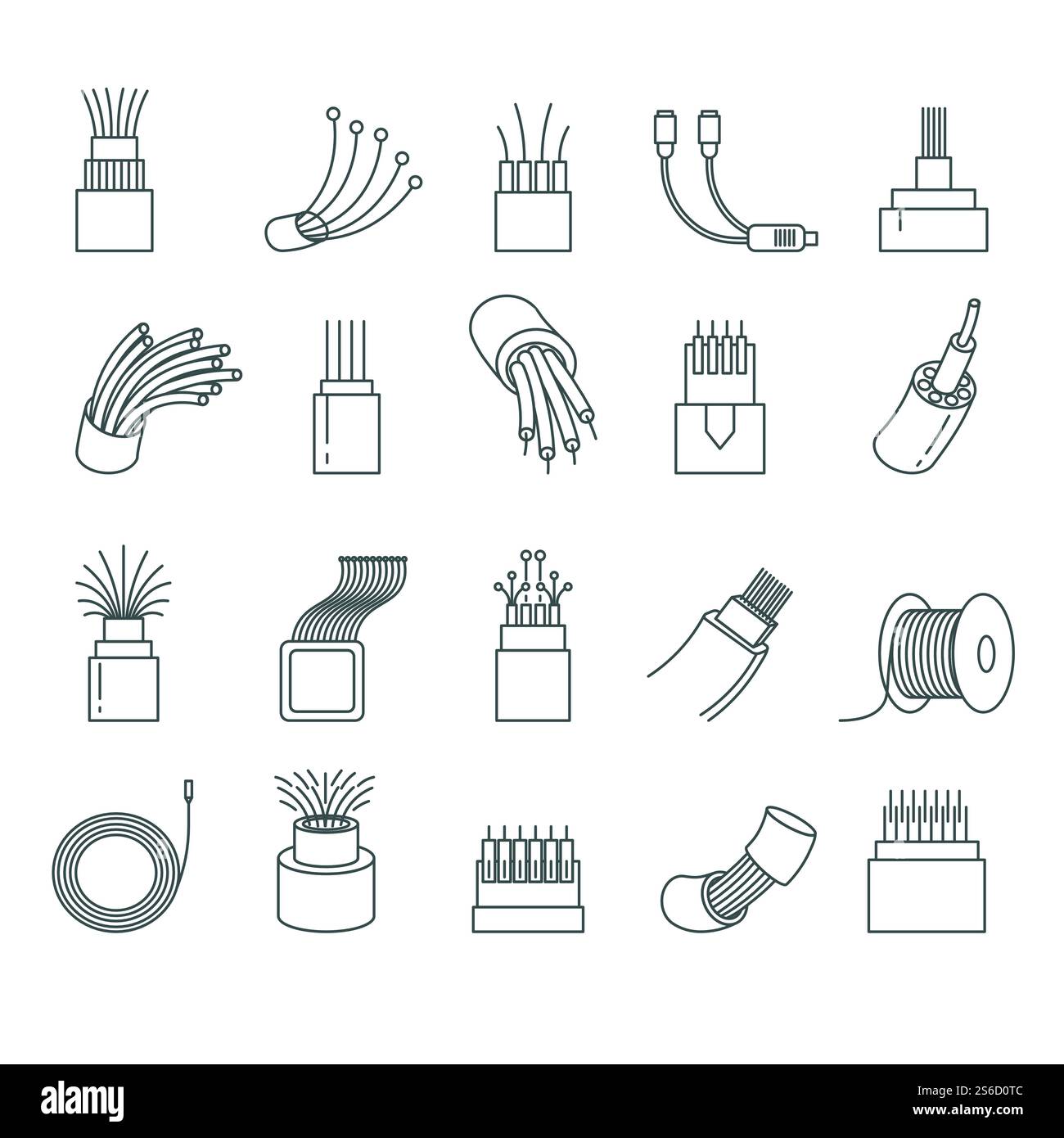 Optical fiber isolated outline icons, network connection, computer wire ...