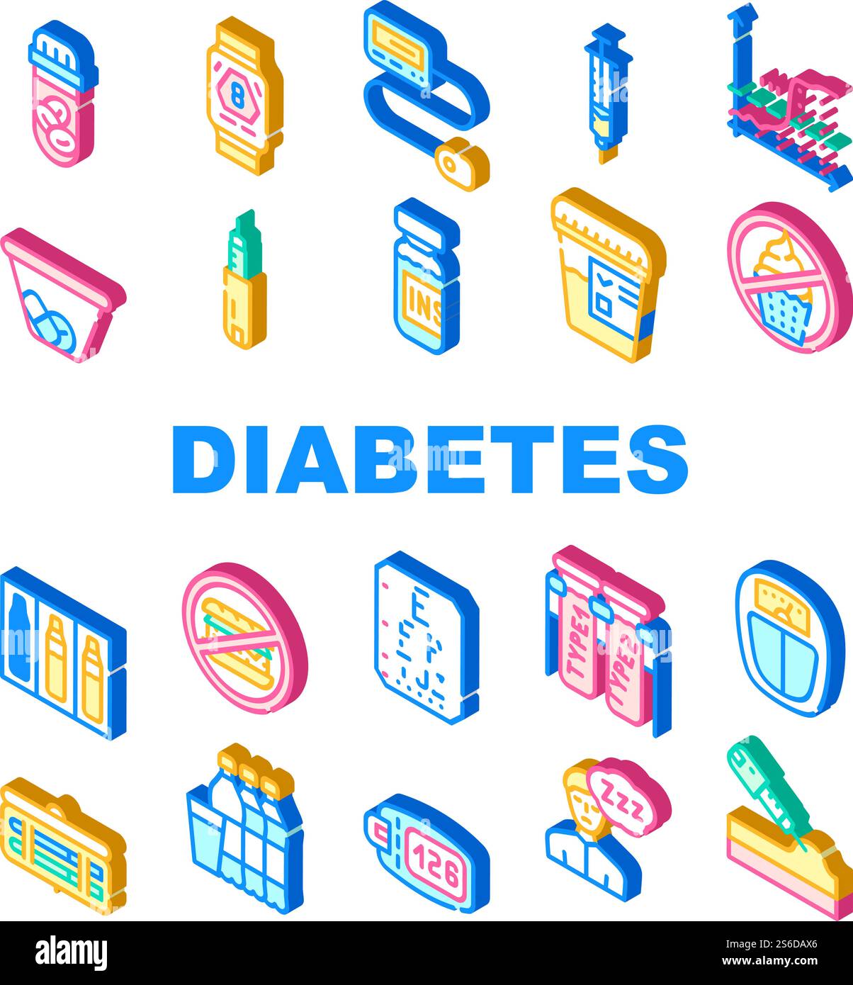 Diabetes Ill Treatment Collection Icons Set Vector. Insulin Medicament ...