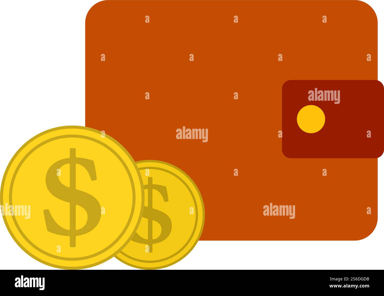 Two Golden Coins In Front Of Purse Icon. Flat Color Design. Vector ...