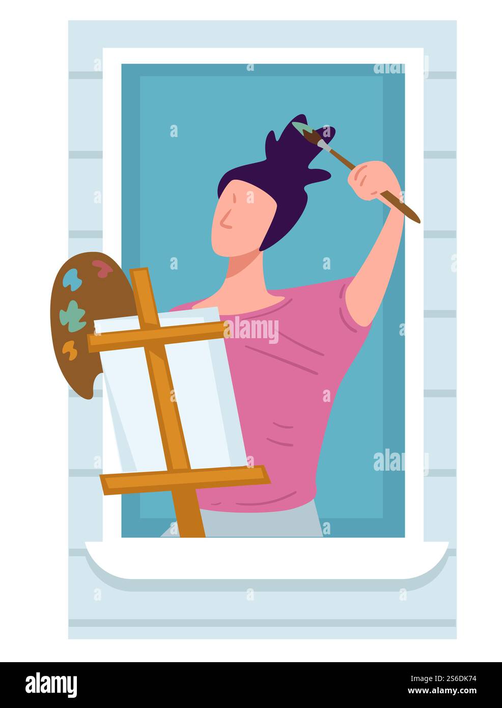 Female character drawing painting sitting in balcony. Artist with easel, canvas and palette. Quarantine and lockdown activities. Personage learning to draw, self education or hobby, vector in flat. Artist drawing on canvas in balcony, quarantine activities Stock Vector