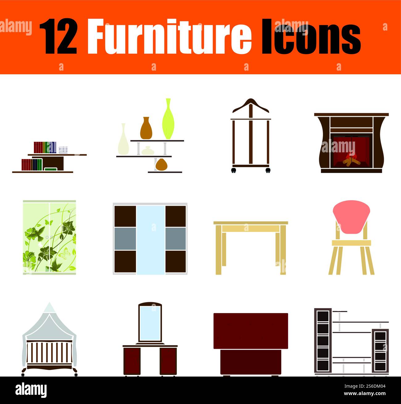 Furniture Icon Set. Flat Design. Fully editable vector illustration. Text expanded. Stock Vector