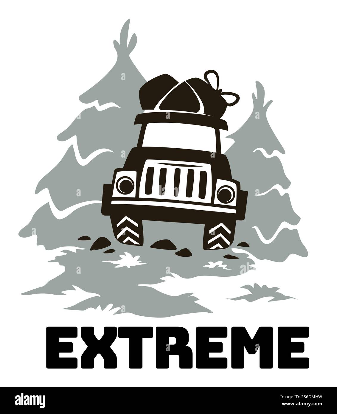 Adventures and active lifestyle, extreme trip in distant and deserted locations. Label with off road jeep or car in muddy road of pine forest. Expedition and adventurous travel. Tourist club vector. Extreme adventure, off road car travel club emblem Stock Vector