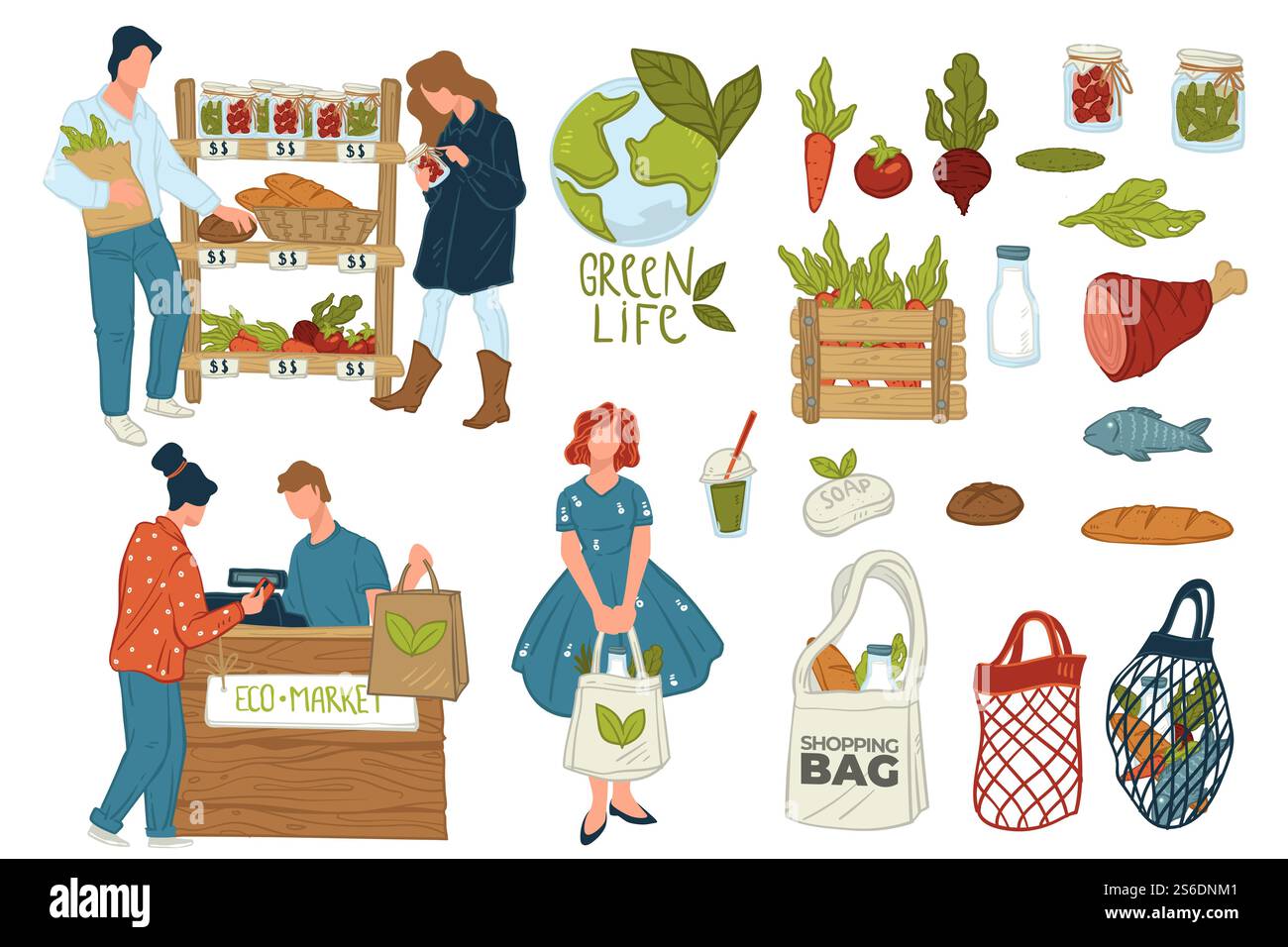 Shopping in eco shop, isolated icons of people choosing vegetables or pickles. Cashier with client buying ecologically friendly products. Mesh and canvas bag, veggies and meat vector in flat style. Eco shop offering organic food and bio products Stock Vector
