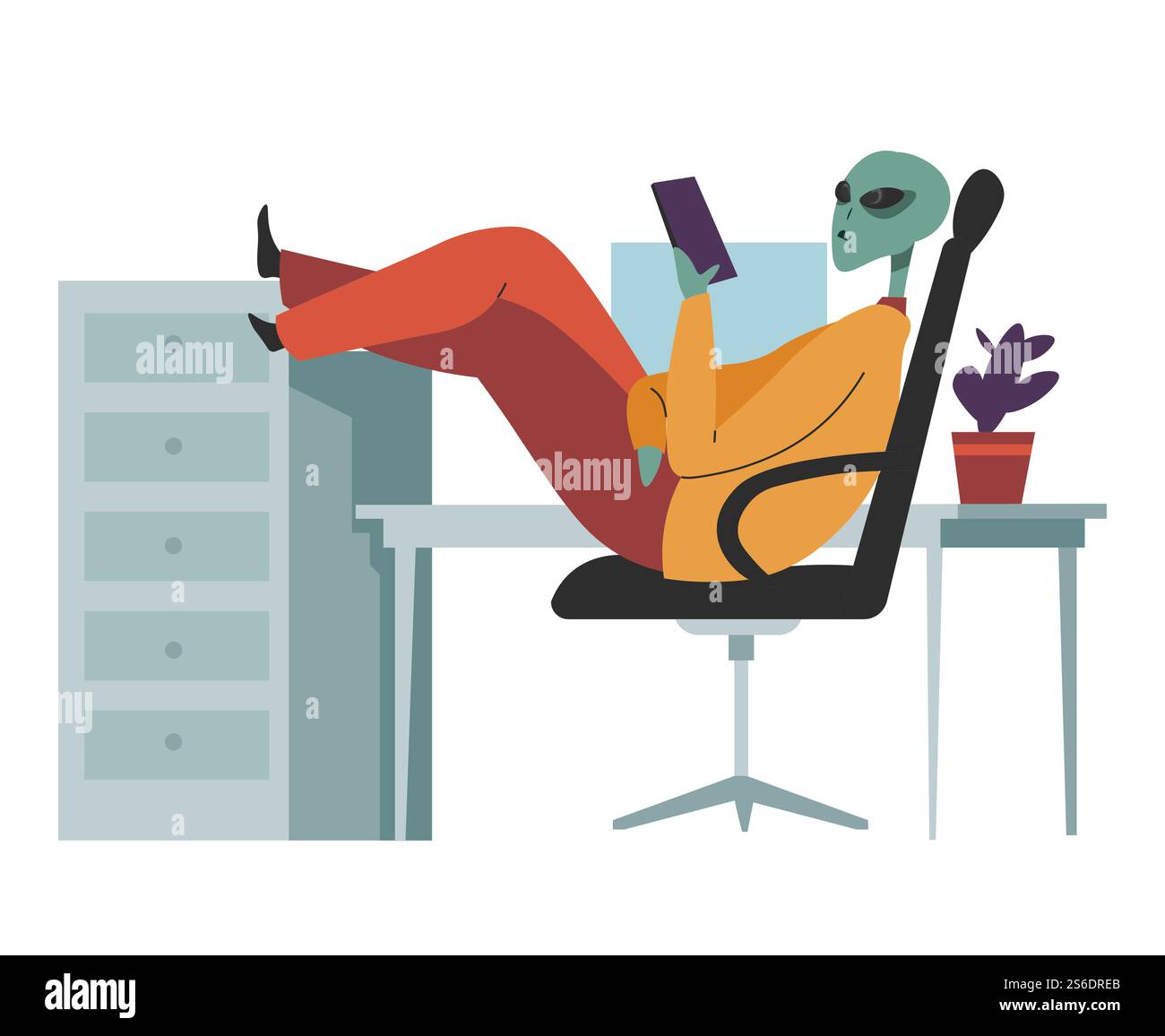 Extraterrestrial character at coffee break in office talking on phone ...