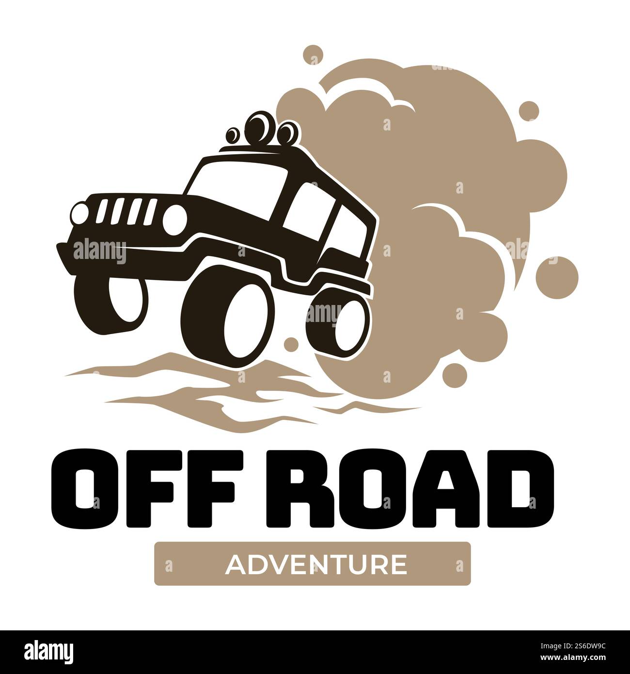 Extreme adventure and active summer vacations, isolated label with off road vehicle and cloud of dust. Automotive trip, tourism and challenge in deserted and distant locations. Vector in flat style. Off road adventure extreme car race emblem vector Stock Vector