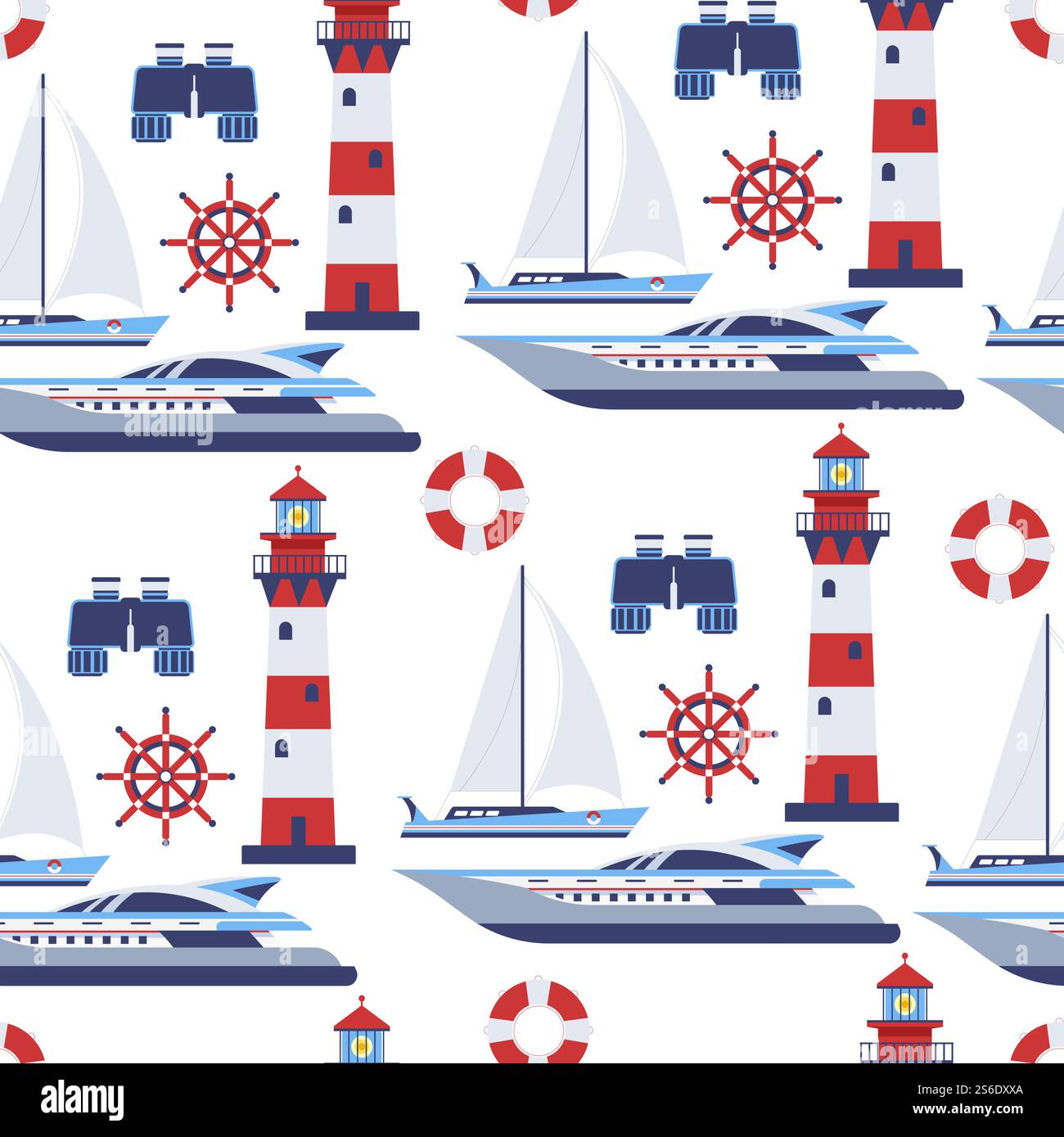 Sailing boat and cruise liner seamless pattern of water transport and navigation. Lifebuoy and wheel, beacon binoculars for voyages destination. Transport vessels, floating buoy vector in flat style. Water transport, sail vessels and beacon seamless pattern Stock Vector