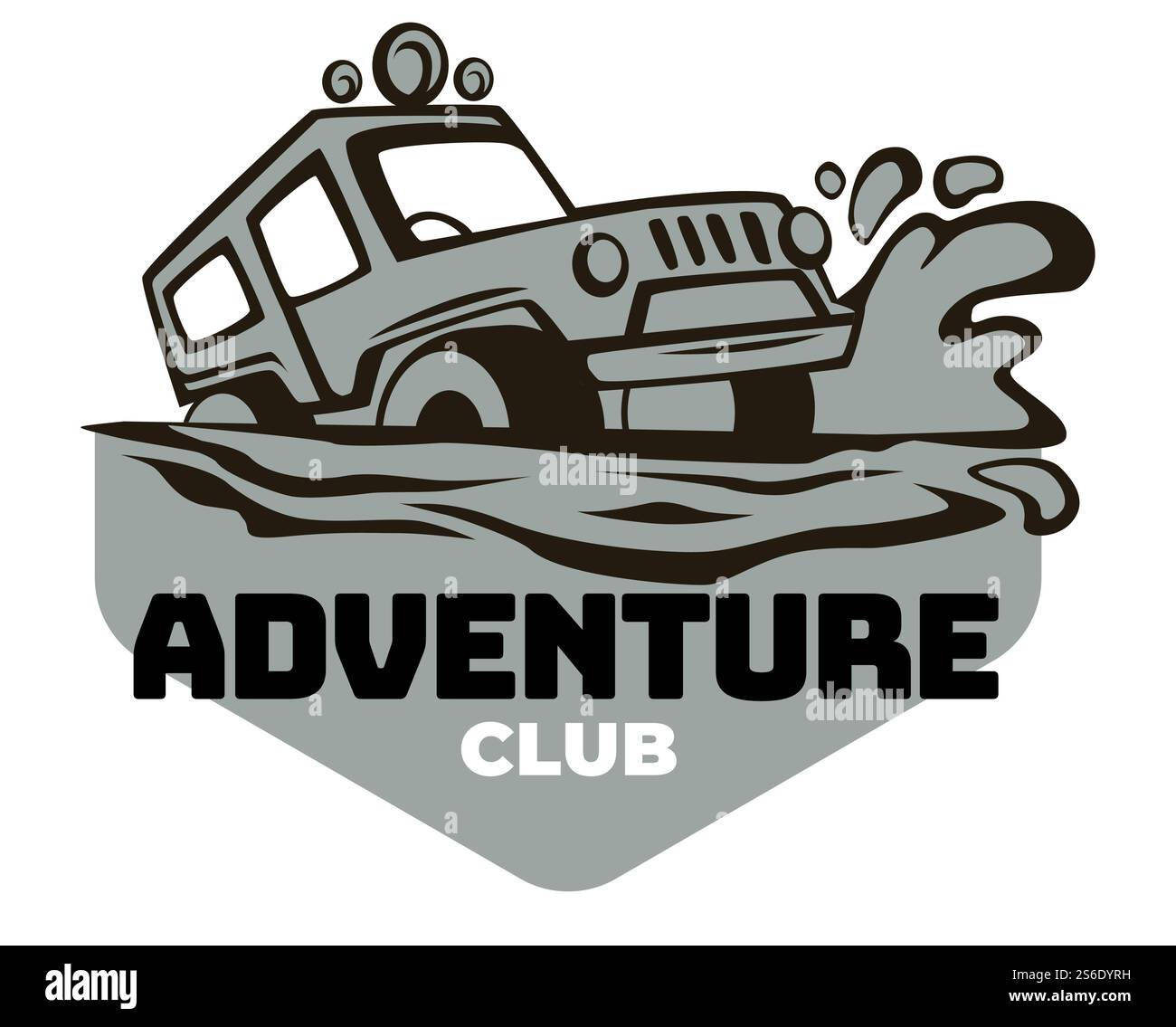 Active summer vacation spent in adventure club. Off road car drowning in lake, river or pond. Splashes of water and big truck or jeep. Automobile in dirty race or challenge. Vector in flat style. Adventure club off road expedition and traveling Stock Vector