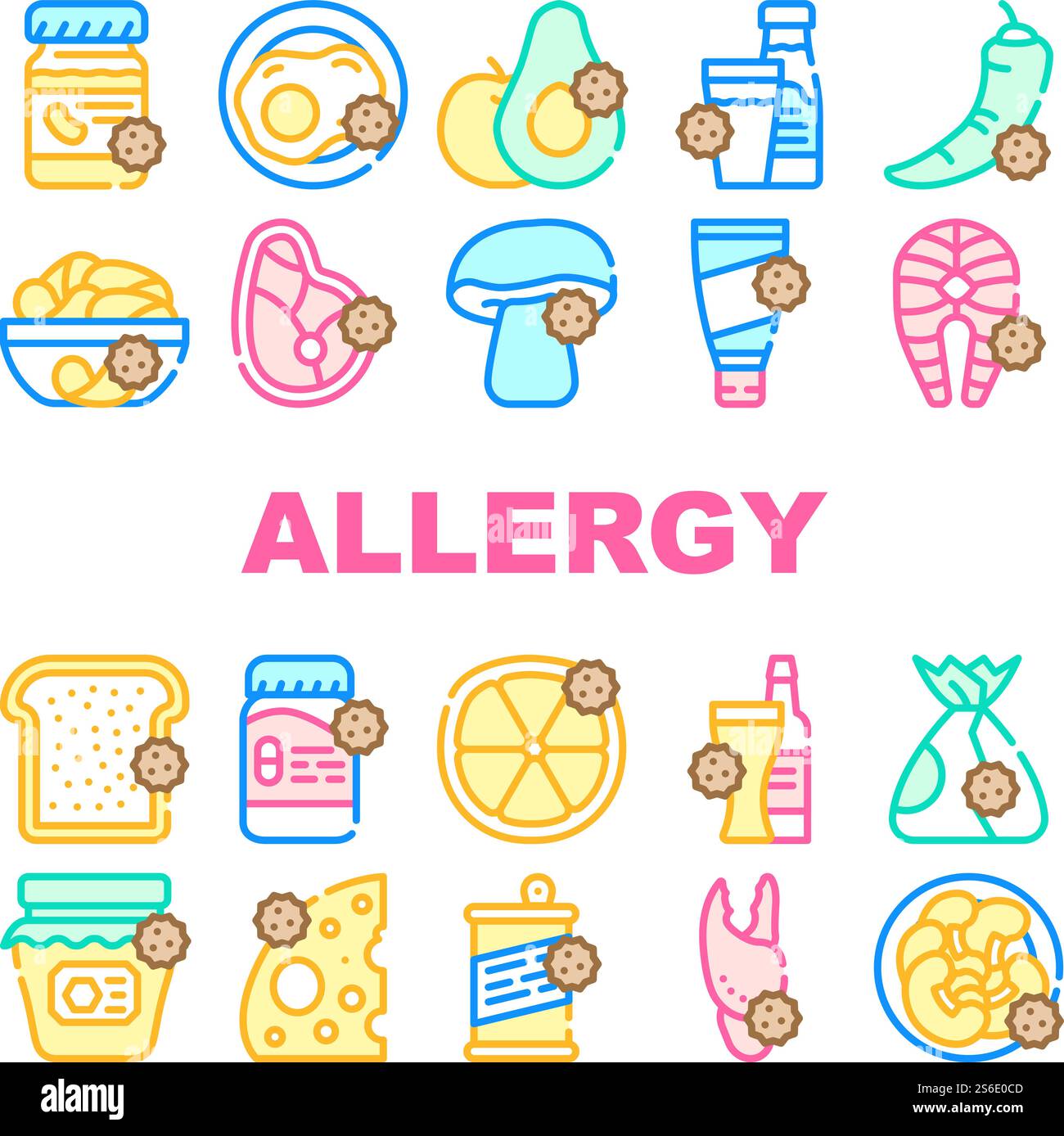 Allergy On Products Collection Icons Set Vector. Allergy On Medicaments ...