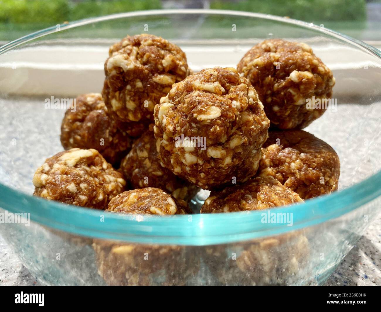 Homemade energy balls with oats in a bowl. - Smartphone Captured Stock Image