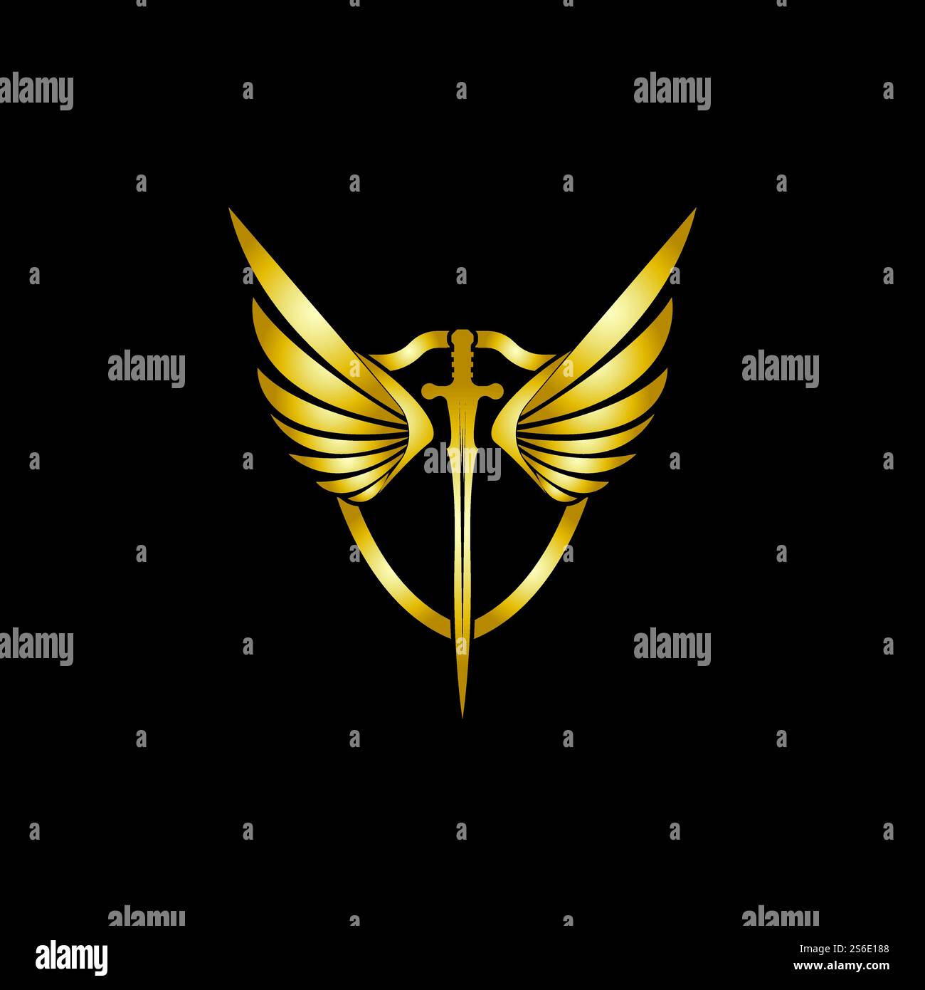 Gold winged sword with shield vector icon. Stock Vector