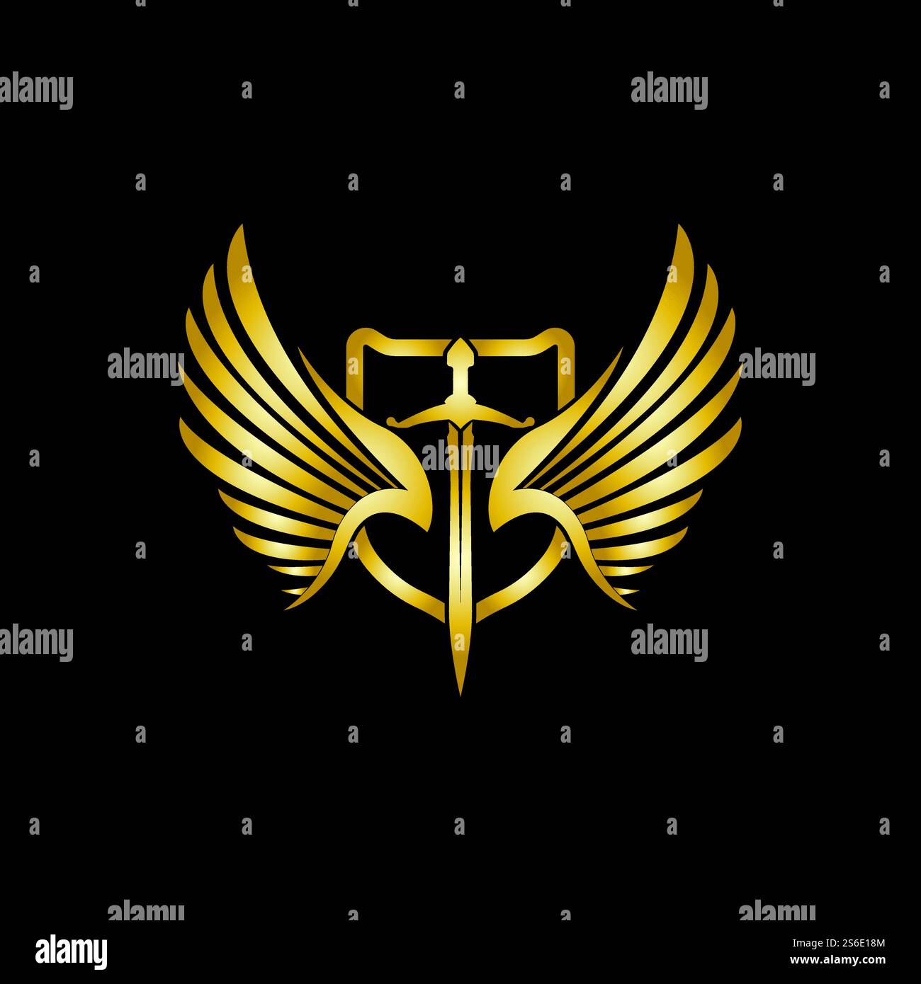 Gold winged sword with shield vector icon. Stock Vector