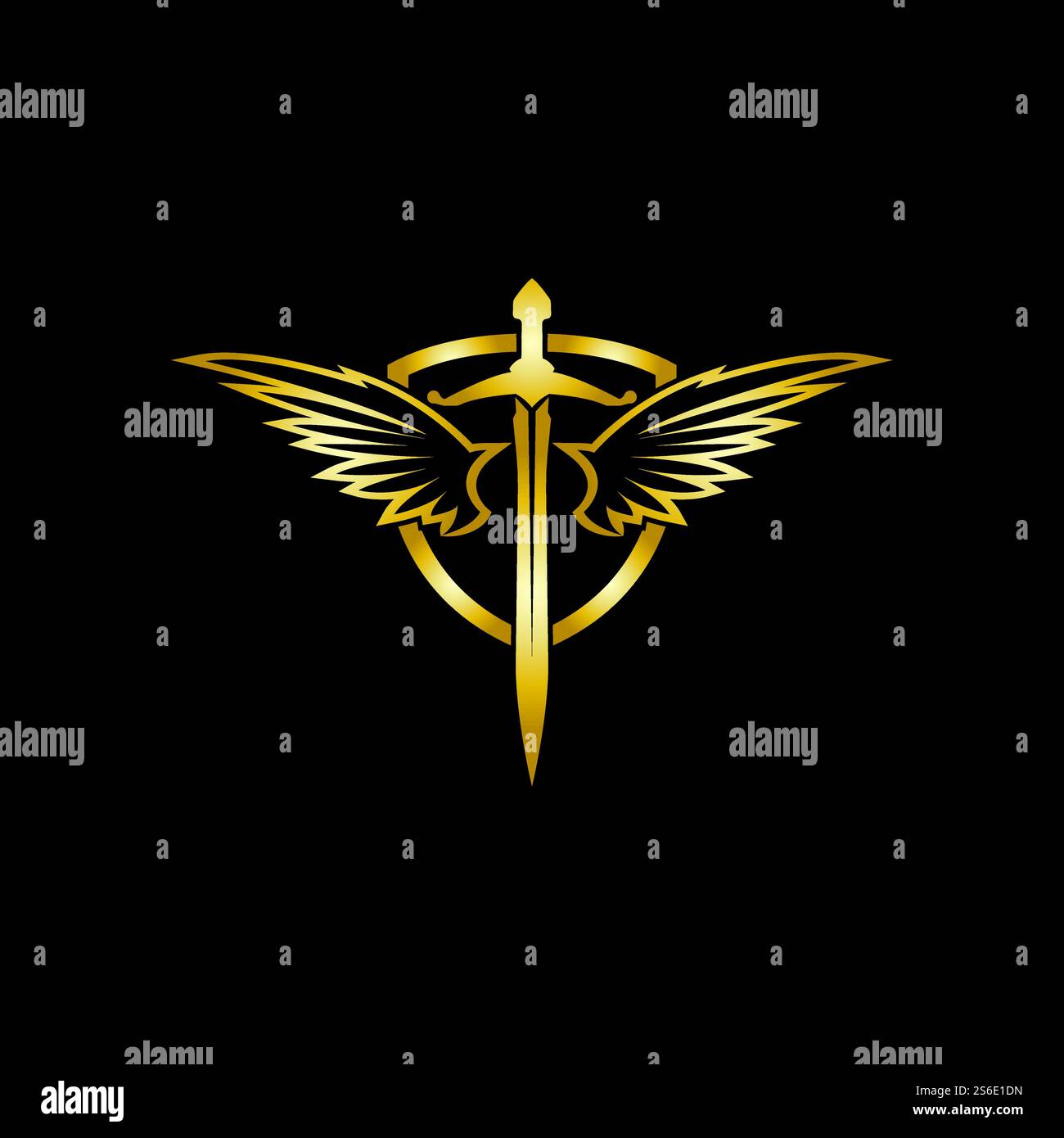 Gold winged sword with shield vector icon. Stock Vector
