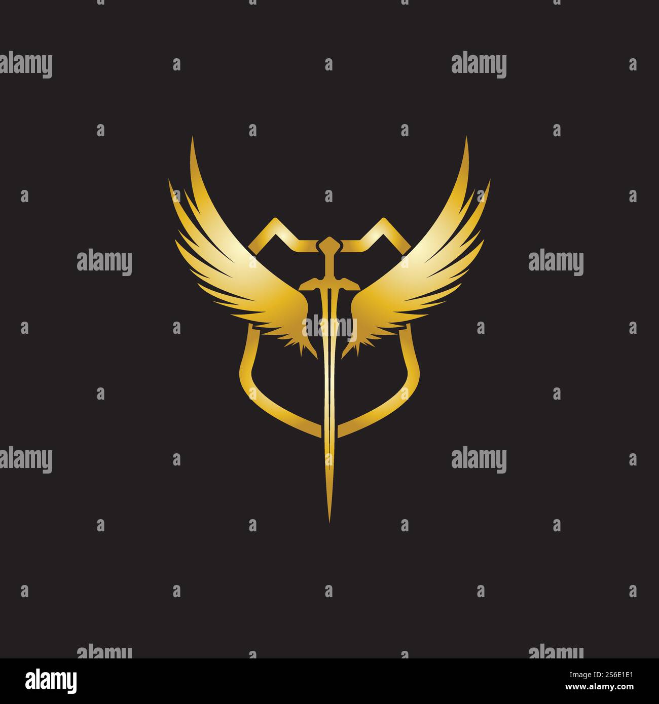 Gold winged sword with shield vector icon. Stock Vector