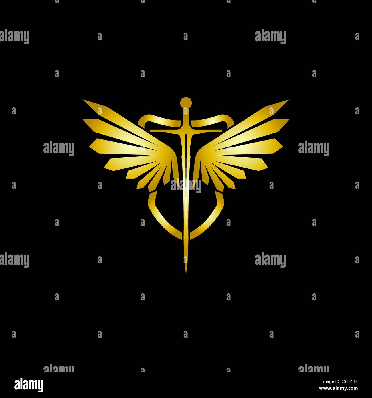 Gold winged sword with shield vector icon. Stock Vector