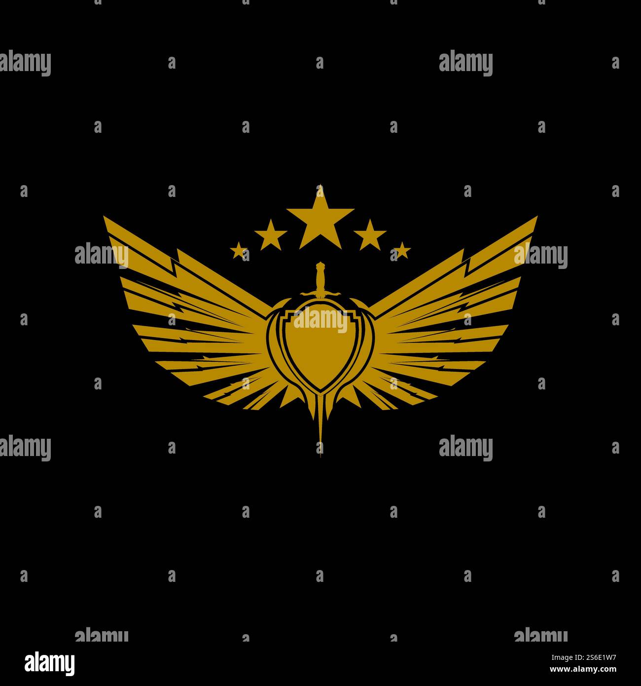 Gold winged sword with shield vector icon. Stock Vector