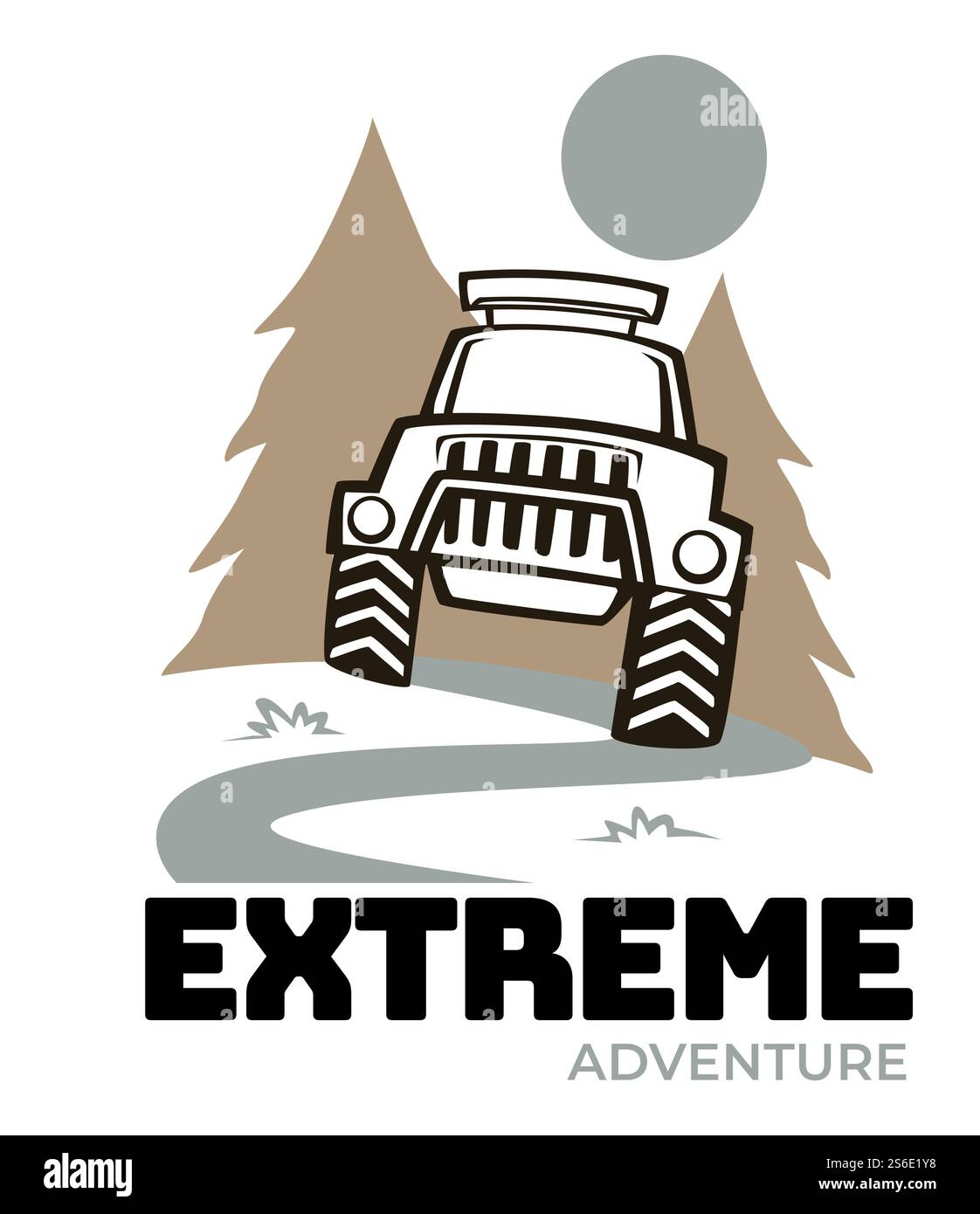 Adventures and summer activities, extreme off road trip. Isolated label or icon of trip camp with big car in pine forrest. Track in woods, journey or vacation in countryside. Vector in flat style. Extreme adventure, off road car in pine forest Stock Vector