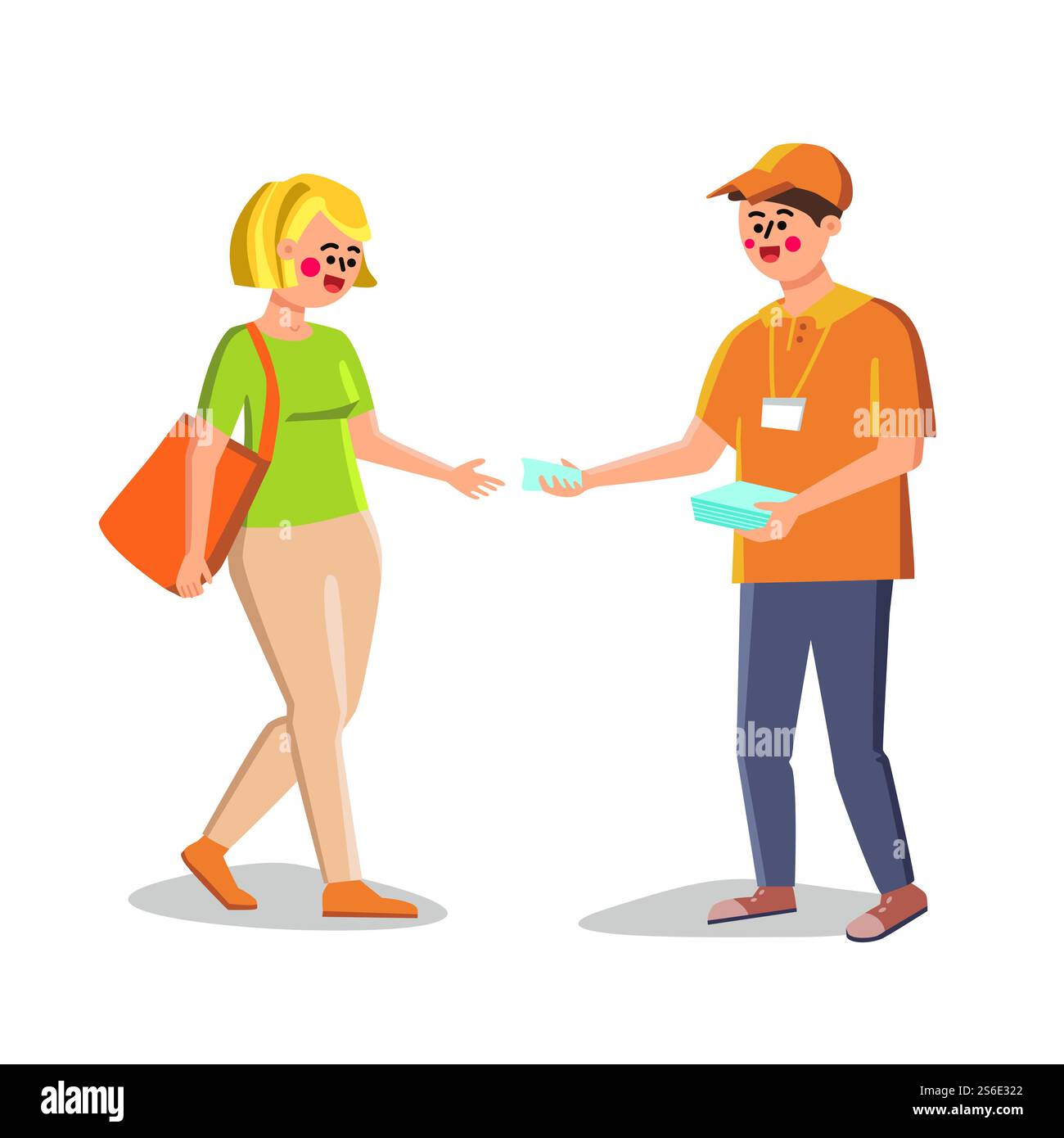 Promoter Giving Advertising Flyer To Woman Vector. Promoter Young Man ...