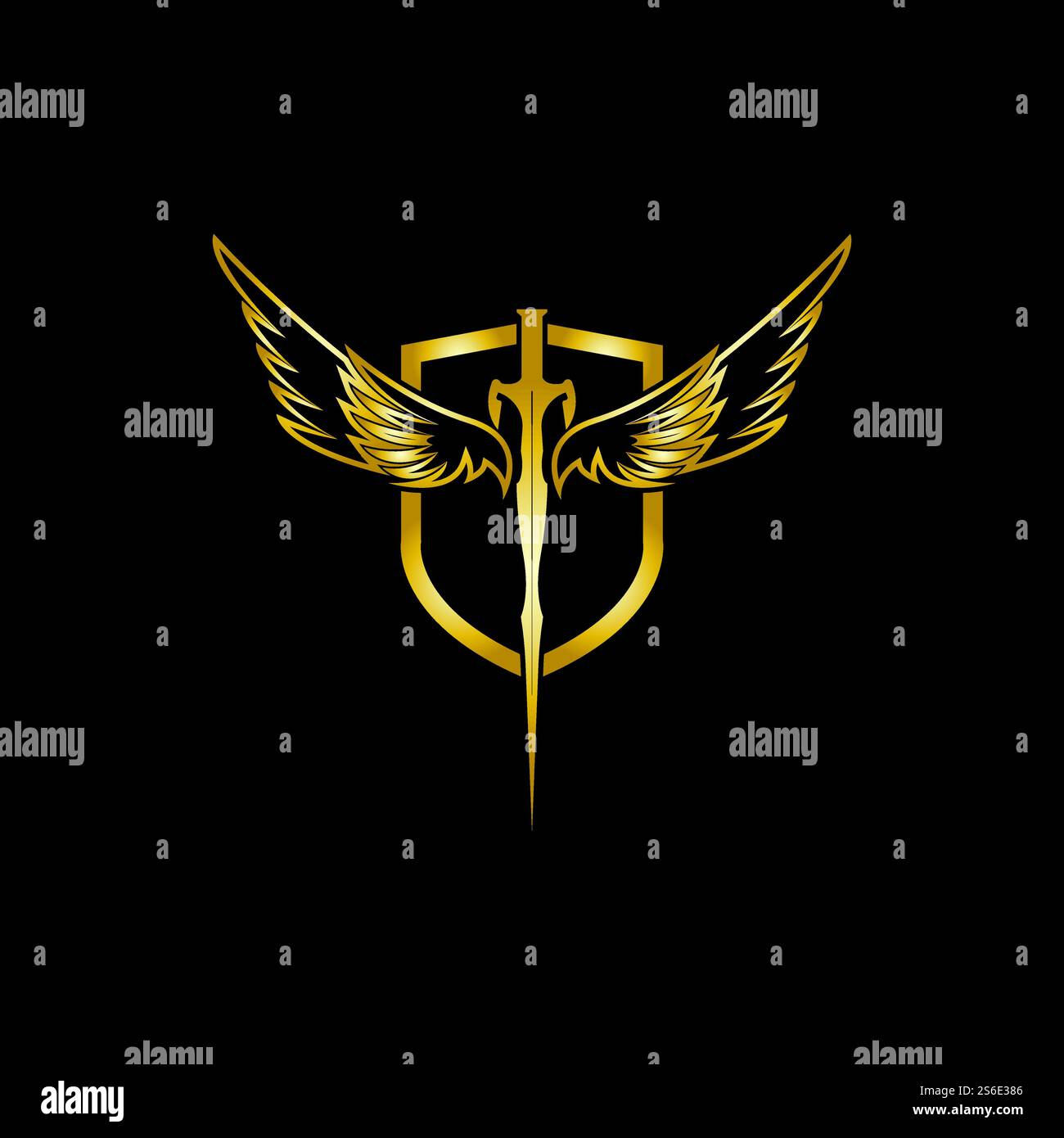 Gold winged sword with shield vector icon. Stock Vector