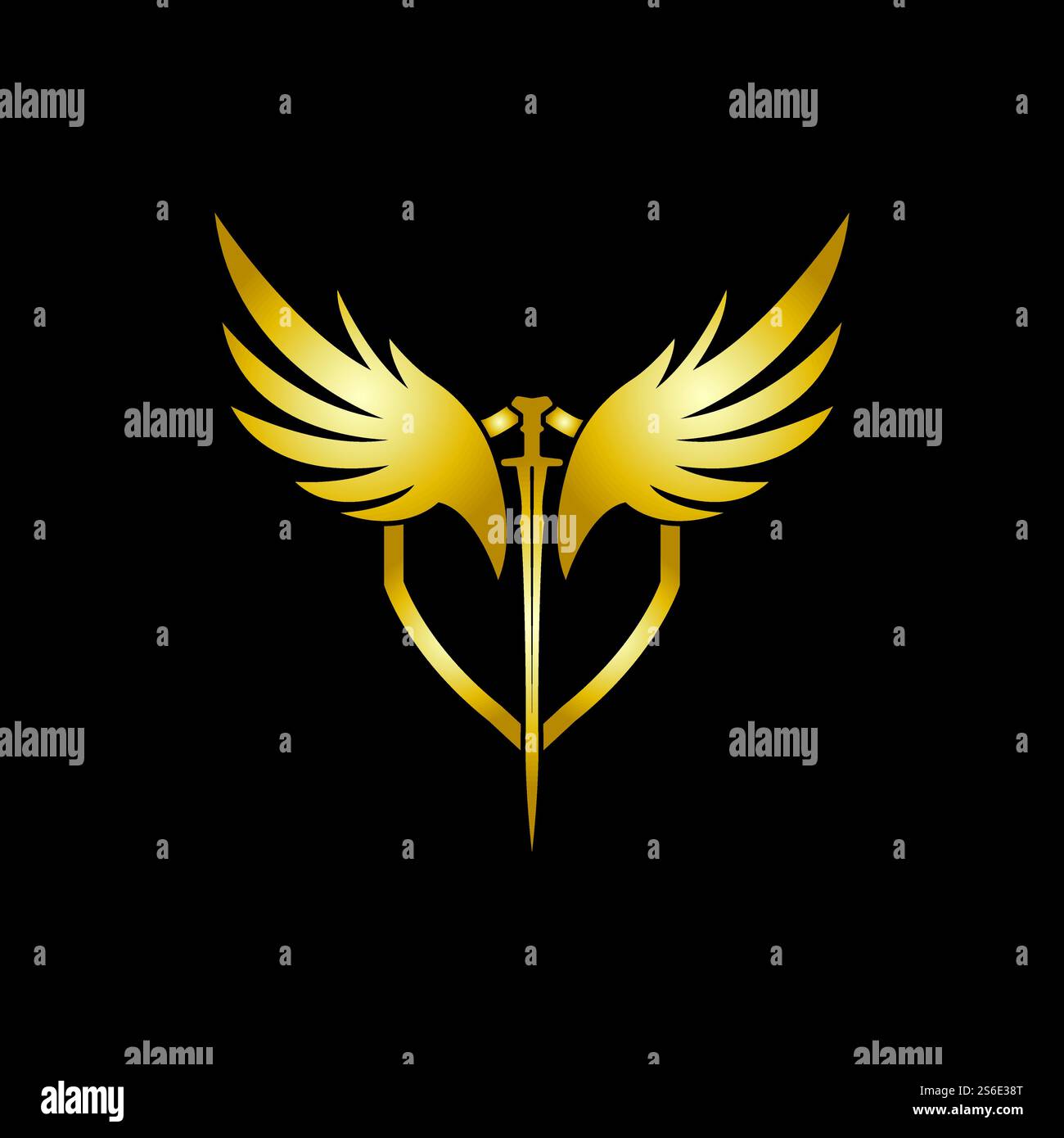 Gold winged sword with shield vector icon. Stock Vector