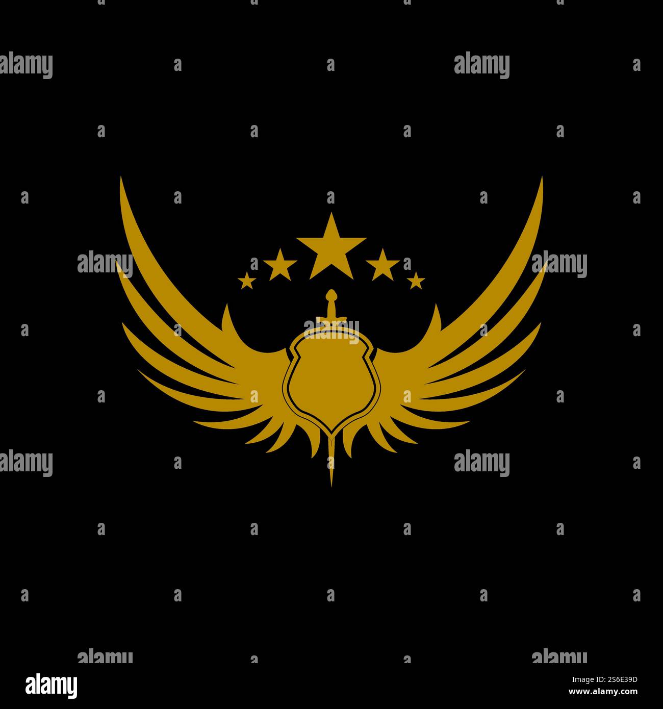 Gold winged sword with shield vector icon. Stock Vector
