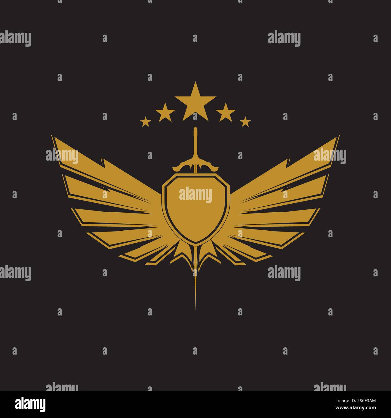 Gold winged sword with shield vector icon. Stock Vector
