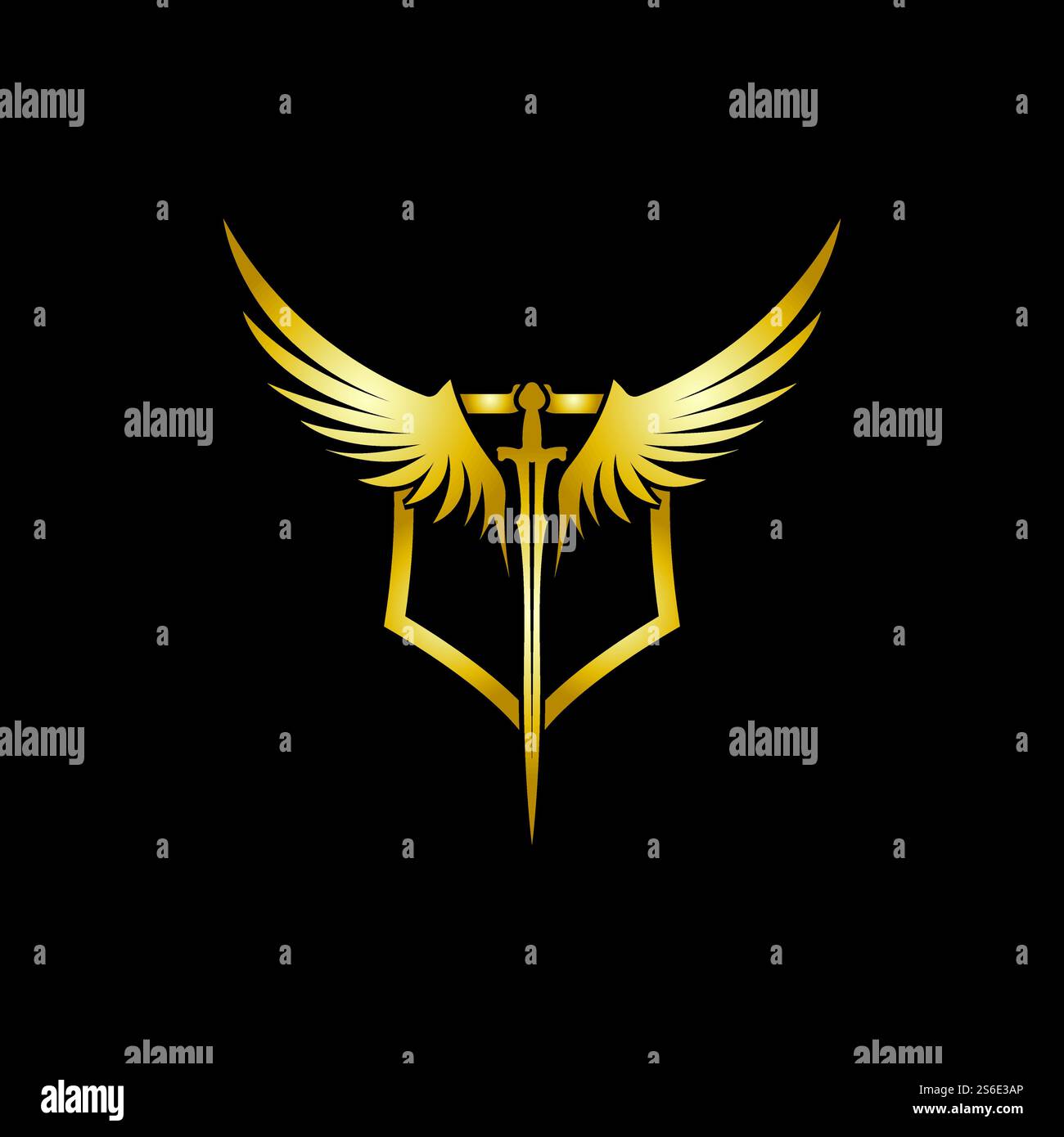 Gold winged sword with shield vector icon. Stock Vector