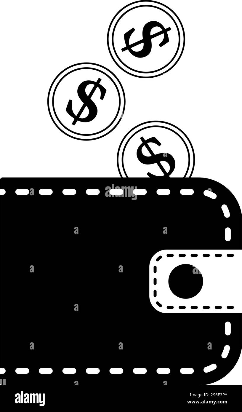 Golden Coins Fall In Purse Icon. Black Glyph Design. Vector ...