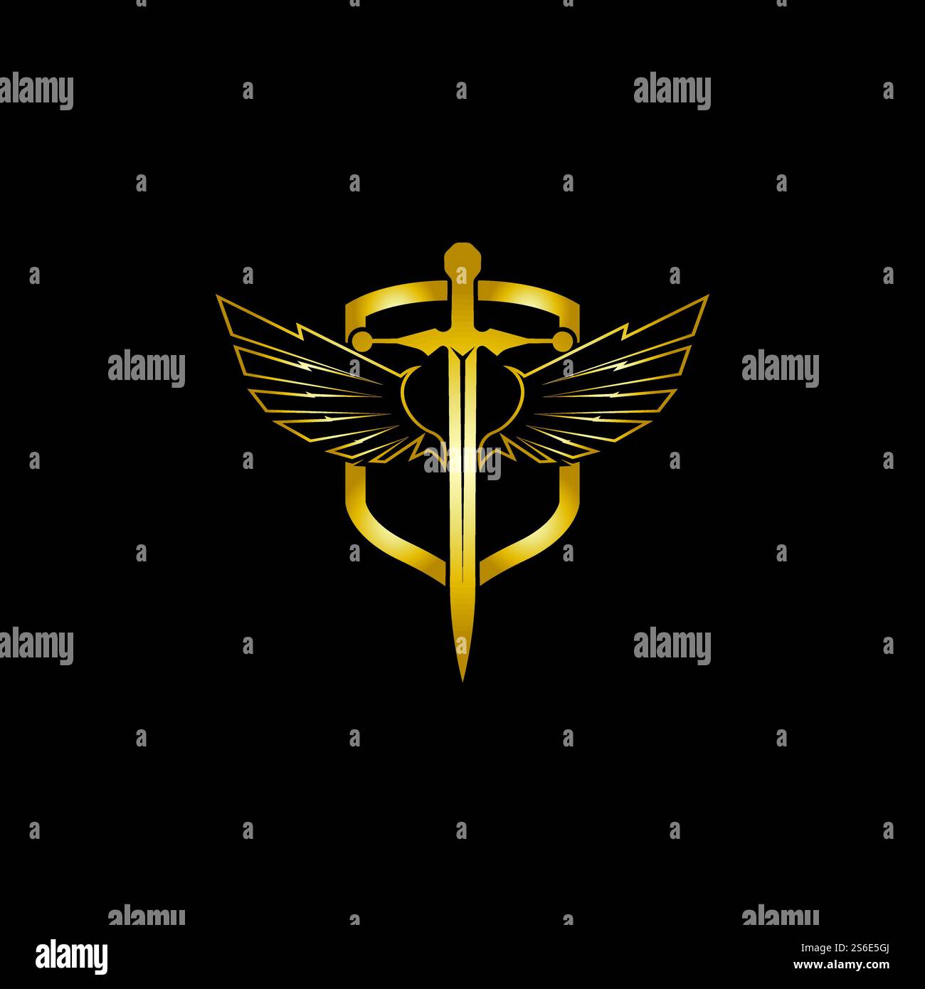 Gold winged sword with shield vector icon. Stock Vector