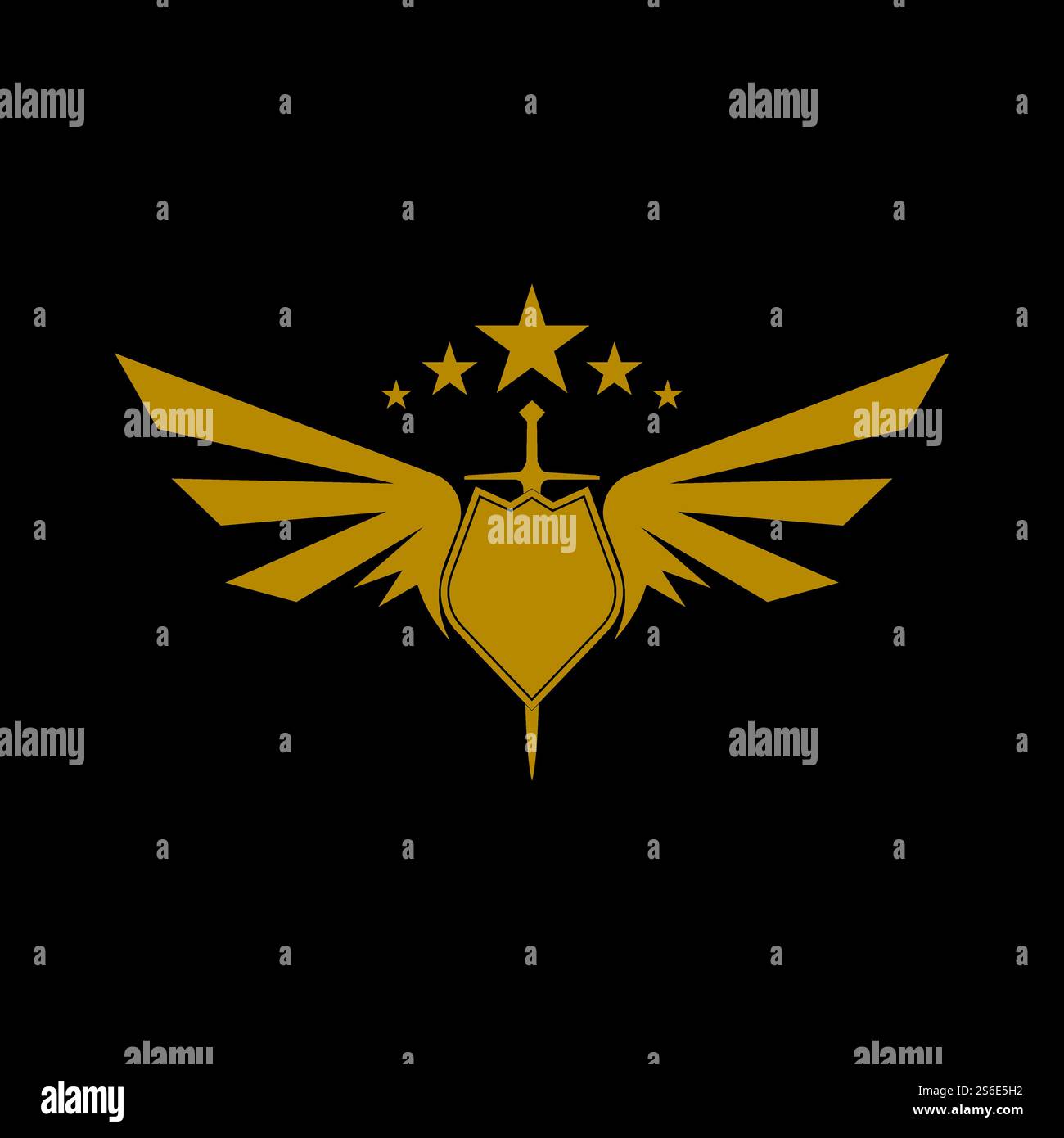 Gold winged sword with shield vector icon. Stock Vector