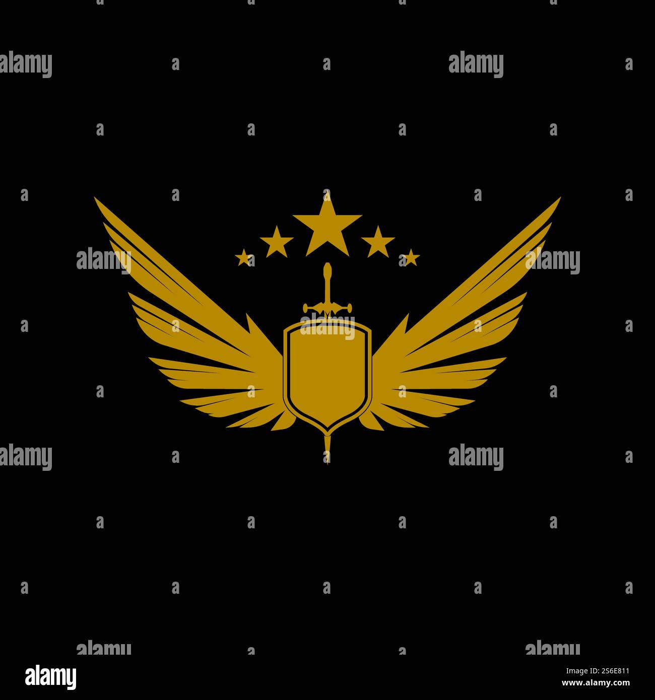 Gold winged sword with shield vector icon. Stock Vector