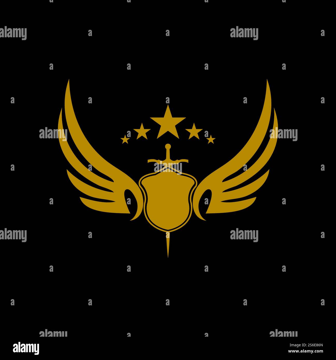 Gold winged sword with shield vector icon. Stock Vector