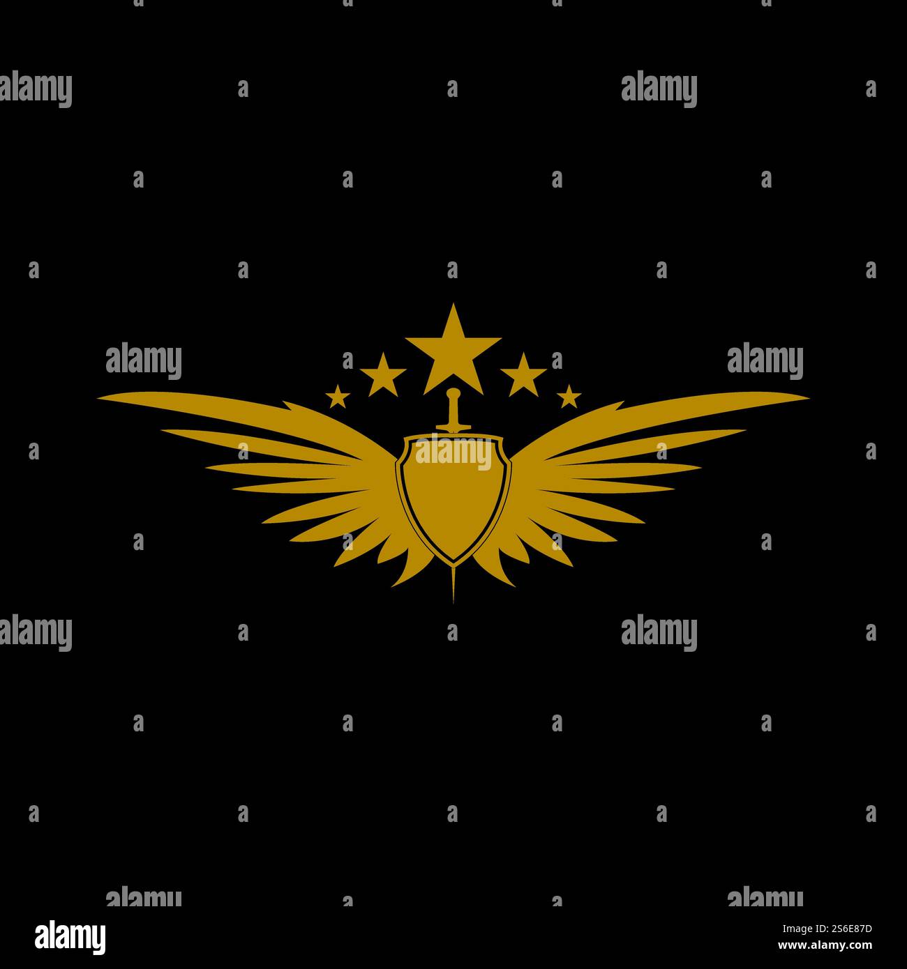 Gold winged sword with shield vector icon. Stock Vector