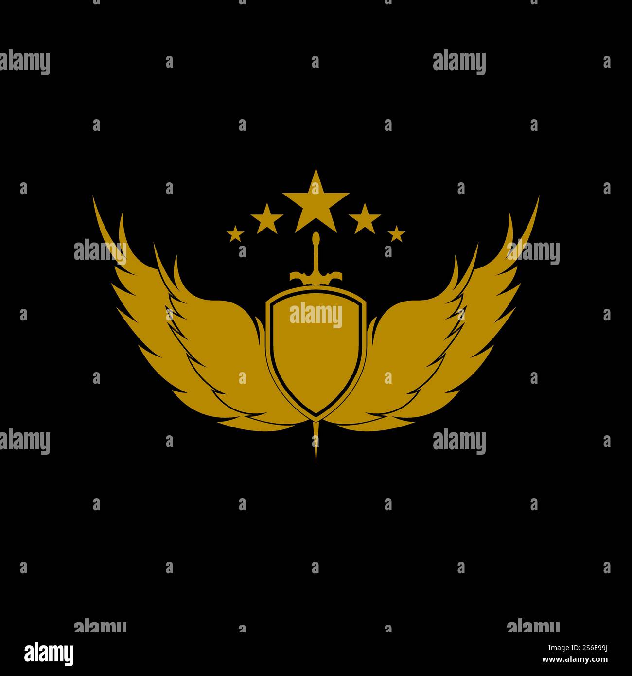 Gold winged sword with shield vector icon. Stock Vector