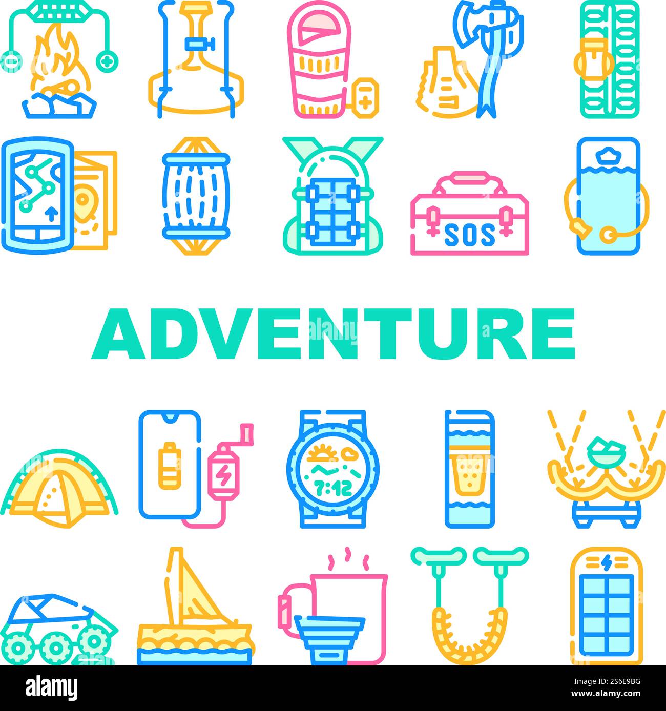 Adventure Equipment Collection Icons Set Vector. Heated Sleeping Bag ...